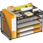 OrgMate 5 Tier Paper Letter Tray with File Holder and 3 Drop-in Pen Holders, Mesh Desk File Organizer with Handle, Desk Organizers and Accessories for School,Home, Office Supplies Storage-Black