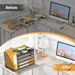 OrgMate 5 Tier Paper Letter Tray with File Holder and 3 Drop-in Pen Holders, Mesh Desk File Organizer with Handle, Desk Organizers and Accessories for School,Home, Office Supplies Storage-Black