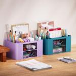 Marbrasse Pen Organizer with 2 Drawer, Multi-Functional Pencil Holder for Desk, Desk Organizers and Accessories with 5 Compartments + Drawer for Office Art Supplies (Purple)