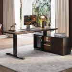 FLEXISPOT 71" L Shaped Executive Standing Desk with Storage & PC Case, Secretary Desk with Dual Motor Lift, 222 LBS Capacity, 1" Thick Desktop, Idea for Home Office, Black Walnut, 3 Packages