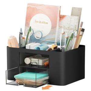 Vimbo Stationary Organiser 7-Grid Desk Organizer with Drawer – Multifunctional Plastic Table Organizer & Pen Holder for School, Office, and Home (Black)