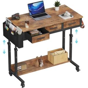 WINAZ Rolling Standing Desk Adjustable Height with Drawers on Wheels, 40 Inch Portable Mobile Stand Up Computer Desks for Bedroom Home Office, Couch Sofa Side Laptop Table with Storage, Rustic Brown