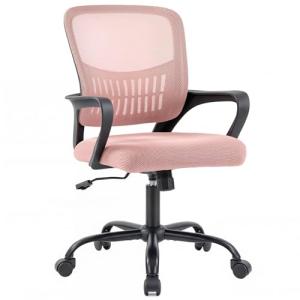 DUMOS Home Office Chair - Ergonomic Mid Back Mesh Desk Chair with Lumbar Support & Rocking Mode, Height Adjustable with Fixed Armrest, for Conference, Computer, 360° Swivel, Adults, Pink
