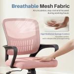 DUMOS Home Office Chair - Ergonomic Mid Back Mesh Desk Chair with Lumbar Support & Rocking Mode, Height Adjustable with Fixed Armrest, for Conference, Computer, 360° Swivel, Adults, Pink
