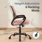 DUMOS Home Office Chair - Ergonomic Mid Back Mesh Desk Chair with Lumbar Support & Rocking Mode, Height Adjustable with Fixed Armrest, for Conference, Computer, 360° Swivel, Adults, Pink