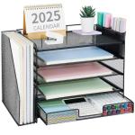 OPNICE Desk Organizer, 5-Tier Paper File Organizer with Drawer & Pen Holder, Office Desk Accessories, Workspace Desktop Organizer for Office Supplies(Black)