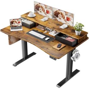 Veken 47.2"×27.6" Standing Desk with Storage Drawers, Adjustable Height Computer Table with Monitor Shelf, Home Office Desk for Study, Gaming, Workstation, Brown