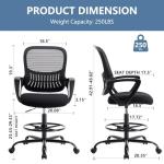 HAPPYMONT Tall Drafting Desk Chair - Ergonomic High Stool Computer with Adjustable Height and Comfy Lumbar Support, Office Rolling Counter with Flixed Arms and Footrest, Dark Black