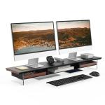 Fenge 42.5” Dual Monitor Stand with 2 Drawers, Metal Wood Monitor Riser with Acrylic Legs, 2-Tier Desktop Shelf Storage Organizer for Computer, Laptop, Printer, TV, Black