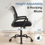 DUMOS Home Office Desk Chair - Ergonomic Mid Back with Lumbar Support & Rocking Mode, Height Adjustable with Fixed Armrest, for Conference, Computer, Meeting Room, 360° Swivel, Adults, Black