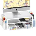 OPNICE Desk Organizers and Accessories, 2-Tier Computer Monitor Stand Riser with Drawer and 2 Pen Holders, Laptop Stand, Office Desk Accessories for Office Supplies, White