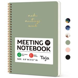Taja Meeting Notebook for Work Organization - Work notebook with action items, Meeting Minutes Planner Notebook, Perfect Office Supplies for Men & Women - Green