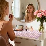 Leather Desk Pad, Desk Mat Mouse Pad, Non-Slip Mousepad Waterproof PU Table Cover Blotter for Computer Laptop Extra Large Keyboard Mat for Women Girl Office Home Dorm,Pink Scalloped Checkered