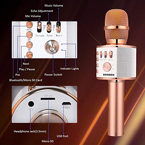 BONAOK Wireless Bluetooth Karaoke Microphone - Rose Gold