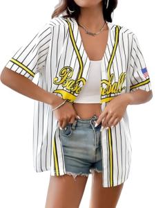 Baseball Shirt Jersey Women Baseball Player T-Shirt Game Day Fan Graphic Tees Button up Short Sleeve White Stripes