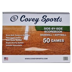 Covey Sports Baseball Scorebook with Side-by-Side Format - 50-Game Softball Scorebook and Baseball Score Keeping Book for Coaches & Announcers - Durable Spiral-Bound Sheets with Pitch Count Tracker