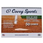 Covey Sports Baseball Scorebook with Side-by-Side Format - 50-Game Softball Scorebook and Baseball Score Keeping Book for Coaches & Announcers - Durable Spiral-Bound Sheets with Pitch Count Tracker
