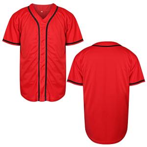 Mens Blank Plain Baseball Jersey Button Down Shirts Sports Hip Hop Hipster Jersey S-3XL(Red,Medium)