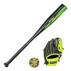 Ortiz34 Homerun Kids Tee Ball Set- David Ortiz 3-in-1 Aluminum Baseball Bat, Baseball, & Youth Baseball Glove Bundle (Made for Youth/Kids) (Volt)