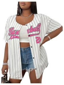 SHENHE Women's Plus Size Baseball Jersey Oversized Striped Button Down Hip Hop Shirt Top Pink X-Large Plus