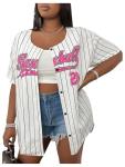 SHENHE Women's Plus Size Baseball Jersey Oversized Striped Button Down Hip Hop Shirt Top Pink X-Large Plus