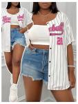 SHENHE Women's Plus Size Baseball Jersey Oversized Striped Button Down Hip Hop Shirt Top Pink X-Large Plus