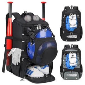 Baseball Bag for Youth & Adult Lightweight Softball Bat Bag with Shoe Compartment, External Helmet Holder and Fence Hook Waterproof Baseball Backpack Hold T-Ball, Bat and Softball Equipment, Black