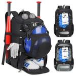 Baseball Bag for Youth & Adult Lightweight Softball Bat Bag with Shoe Compartment, External Helmet Holder and Fence Hook Waterproof Baseball Backpack Hold T-Ball, Bat and Softball Equipment, Black