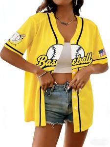 Baseball Jersey for Women Game Day Shirt Baseball Graphic Fan Number Tees Button up Short Sleeve Top Yellow