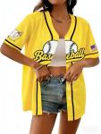 Baseball Jersey for Women Game Day Shirt Baseball Graphic Fan Number Tees Button up Short Sleeve Top Yellow
