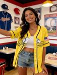 Baseball Jersey for Women Game Day Shirt Baseball Graphic Fan Number Tees Button up Short Sleeve Top Yellow