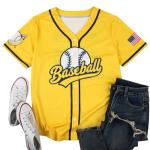 Baseball Jersey for Women Game Day Shirt Baseball Graphic Fan Number Tees Button up Short Sleeve Top Yellow