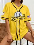Baseball Jersey for Women Game Day Shirt Baseball Graphic Fan Number Tees Button up Short Sleeve Top Yellow