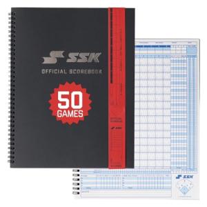 SSK 50 Game Official Scorebook Baseball + Softball – Premium Cover Score Keeping Book – 15 Player - Home + Away Team – 9.25”x12” (50 Games)