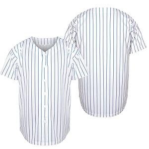 MESOSPERO Mens Button Down Shirts Short Sleeve Sports Uniforms Blank Baseball Jersey S-XXXL (White/Blue Stripe, X-Large)