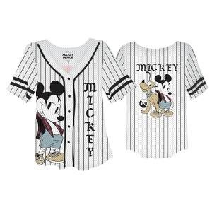 Disney Ladies Mickey Mouse & Pluto Button Down Baseball Jersey Fashion Shirt White/Black