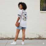 Disney Ladies Mickey Mouse & Pluto Button Down Baseball Jersey Fashion Shirt White/Black