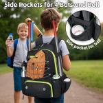 MATEIN Baseball Bat Bag for 4 Bats with Ball Pocket, Lightweight Youth Baseball Backpack with Shoe Compartment, Large Capacity Softball Equipment Bag with Fence Hook for TBall Gear, Helmet,Glove,Black