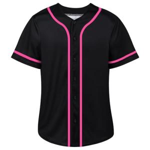 Repawu Men's Blank Baseball Jersey, Hip Hop Button Down Baseball Shirt, Custom Short Sleeve Sports Uniform (US, Alpha, Medium, Regular, Regular, Black-Pink)