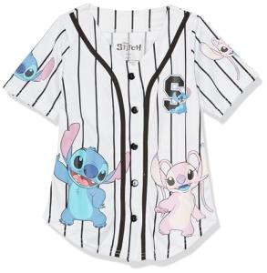 Disney Girls Lilo & Stitch & Angel Ohana Baseball Jersey Mesh Button Down Shirt White/Black