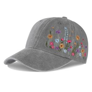 Biggun Trendy Embroidered Baseball Cap for Girls Women Men - Adjustable Soft Breathable Hats for Casual Wear, Elegant Floral Gray