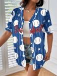Baseball Shirt Women Baseball Jersey Baseball Graphic Button Down Jersey Shirts Game Day Short Sleeve Tops Blue