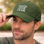 VikkBiss Faith Over Fear Hat for Men Women Embroidered Adjustable Cotton Christian Jesus Religious Faith Baseball Cap (Army Green)