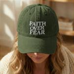 VikkBiss Faith Over Fear Hat for Men Women Embroidered Adjustable Cotton Christian Jesus Religious Faith Baseball Cap (Army Green)
