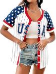 Women's American Flag Button Down Jersey Shirt Patriotic USA Short Sleeve Shirts 4th of July Baseball Tee Top