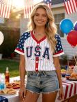 Women's American Flag Button Down Jersey Shirt Patriotic USA Short Sleeve Shirts 4th of July Baseball Tee Top
