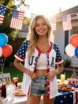 Women's American Flag Button Down Jersey Shirt Patriotic USA Short Sleeve Shirts 4th of July Baseball Tee Top
