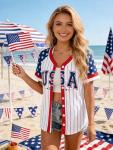 Women's American Flag Button Down Jersey Shirt Patriotic USA Short Sleeve Shirts 4th of July Baseball Tee Top