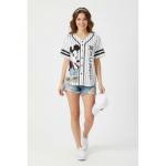 Disney Ladies Mickey Mouse & Pluto Button Down Baseball Jersey Fashion Shirt White/Black