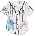 Disney Girls Lilo & Stitch & Angel Ohana Baseball Jersey Mesh Button Down Shirt White/Black